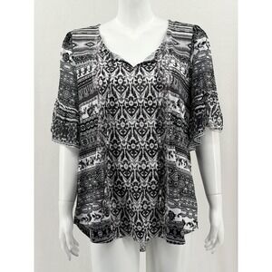 One World Top Womens 1X Black White Boho Half Bell Sleeves Stretch Peasant Hi Lo